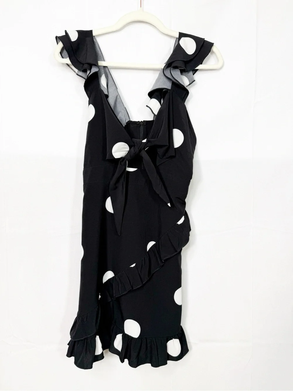 SNDYS. Morocco Mini Dress Black White Polka Dot Front Tie Cutout - Picture 2 of 16